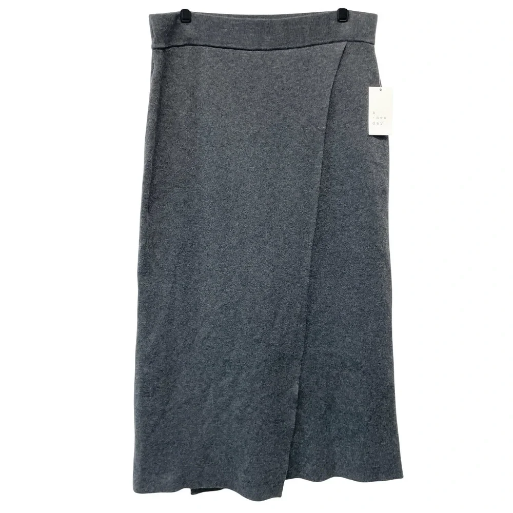 A New Day Women's‎ Gray Knit Faux Wrap Front Midi Skirt Size Large